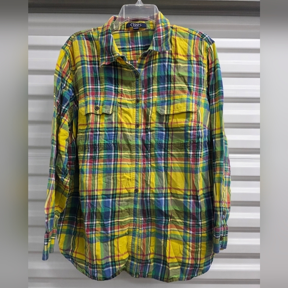 Chaps Men's Yellow and Blue Plaid Shirt - Picture 1 of 5